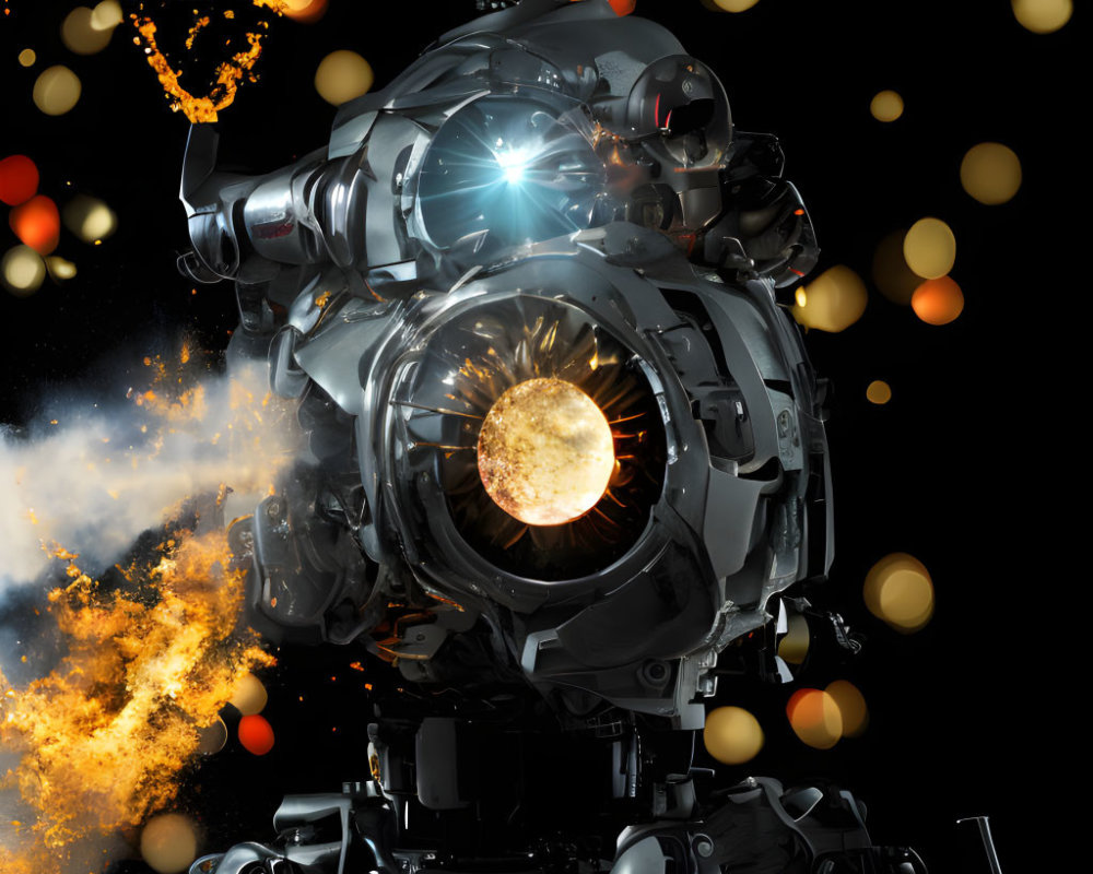 Intricate futuristic robot with glowing core and dynamic lighting on golden orbs backdrop