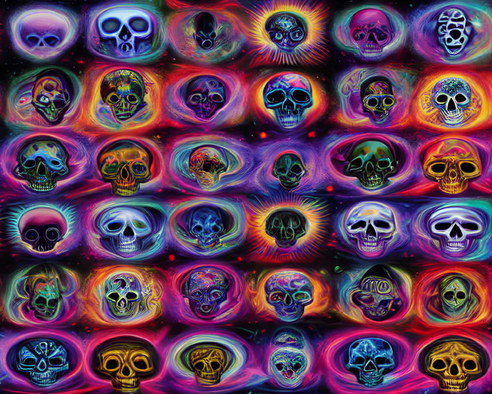 Psychedelic neon skulls with patterns on dark background