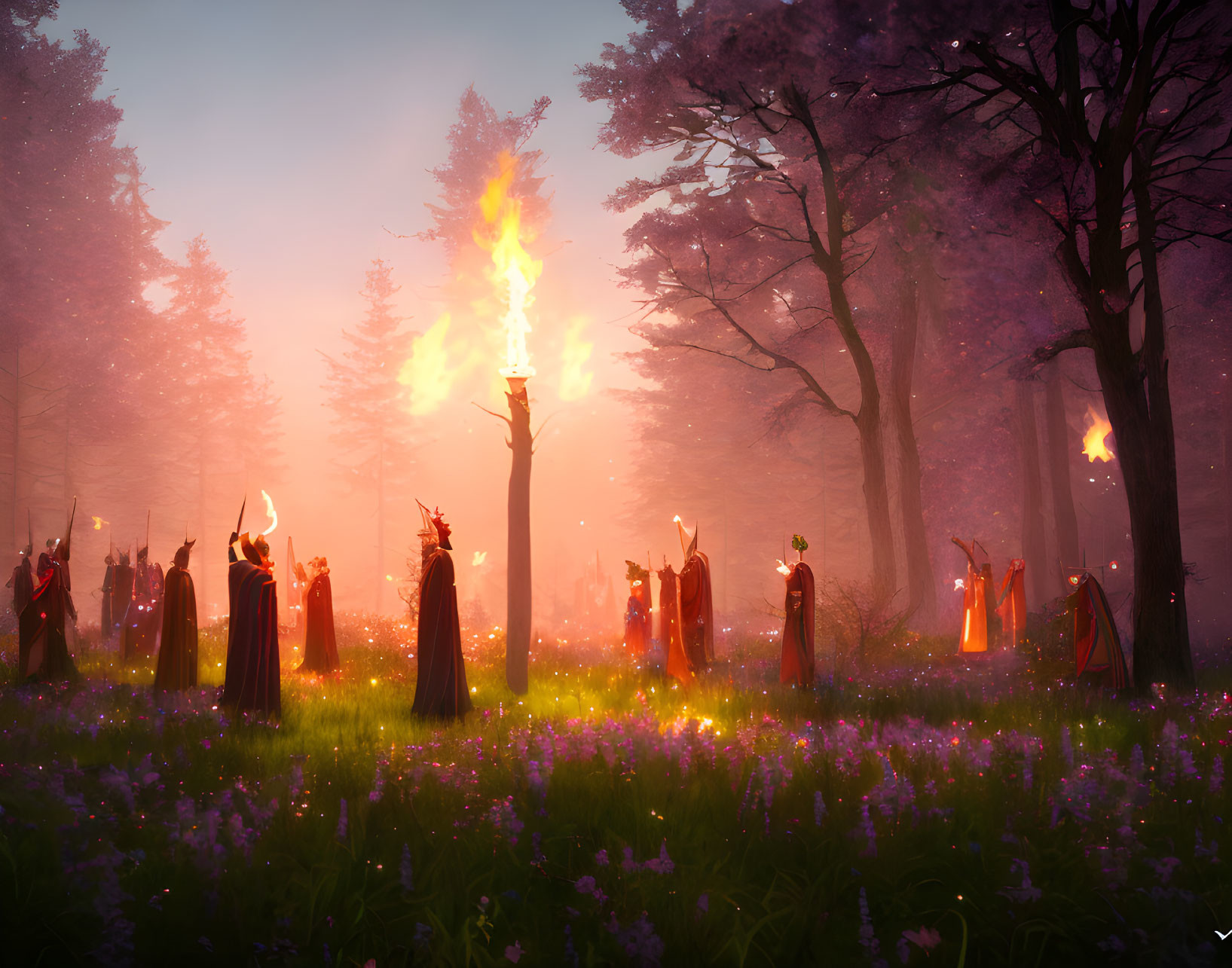 Mystical forest gathering with robed figures around blazing tree at dusk