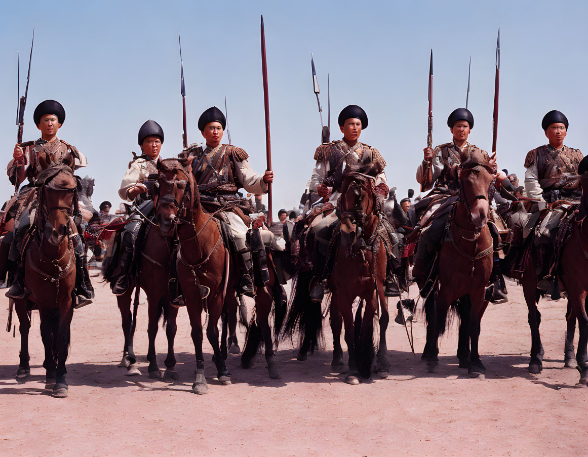 Historical military cavalry reenactment with spears and rifles