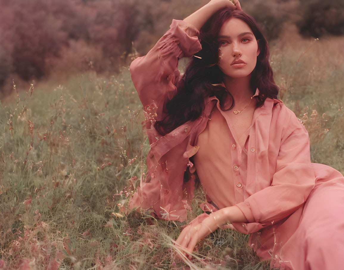 Woman in Pink Outfit Poses in Tall Grass Amid Soft-focus Natural Background