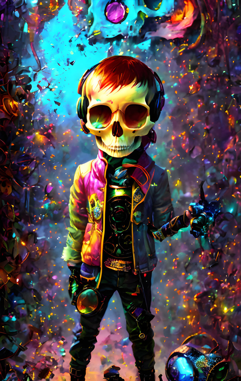 Colorful skull-headed figure with graffiti background.