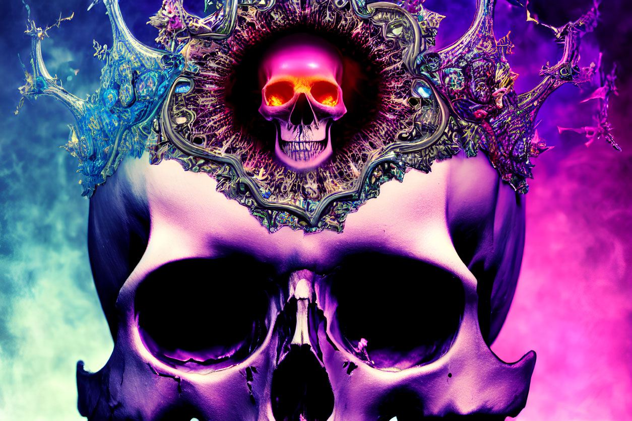 Colorful digital artwork: Large skull on neon backdrop with intricate frame.