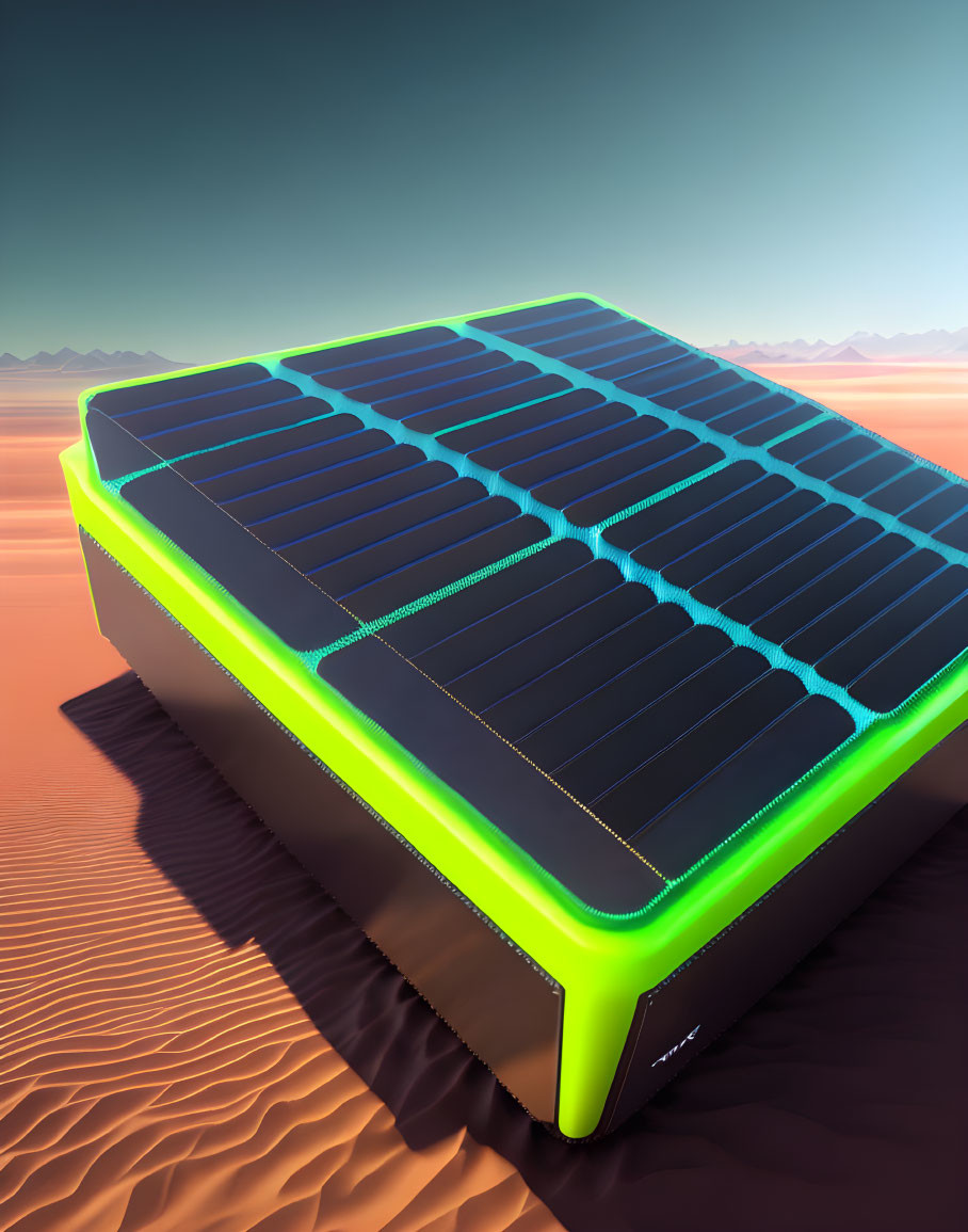 Innovative solar panel design with glowing green edges in desert sunset