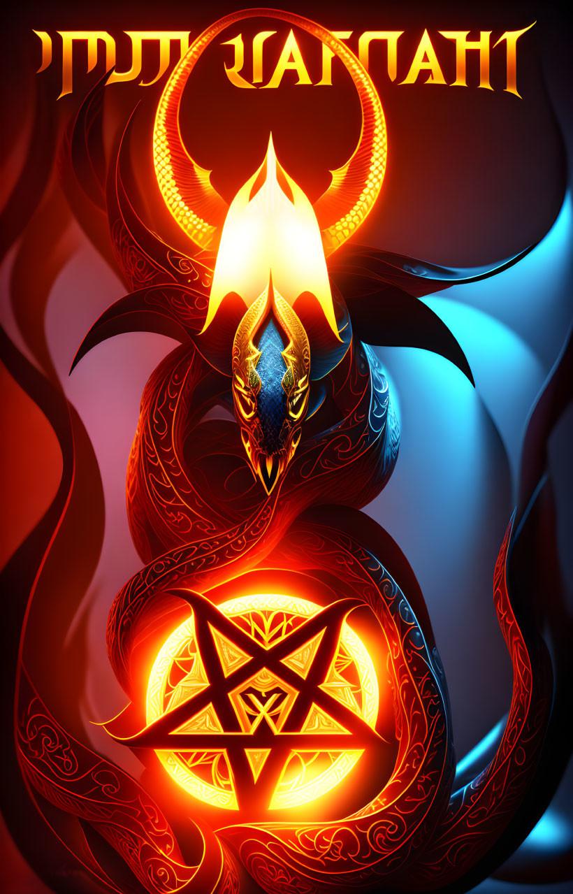 Stylized dragon entwined around glowing pentagram in fiery backdrop