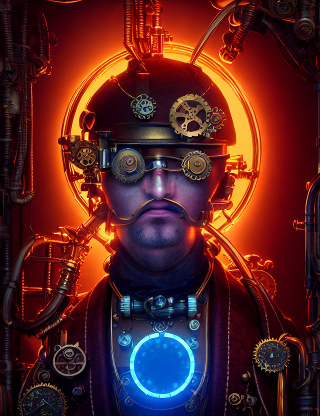 Steampunk man with glowing blue chest device and gear mechanisms on red backdrop