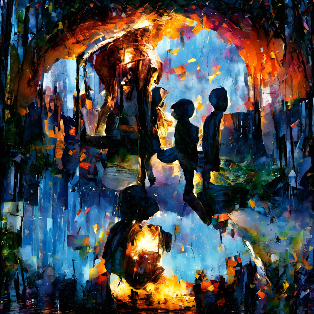 Vibrant Abstract Painting: Children Silhouettes Around Luminous Orb