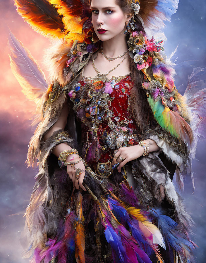 Colorful Feathered Costume and Ornate Jewelry on Woman in Mystical Setting