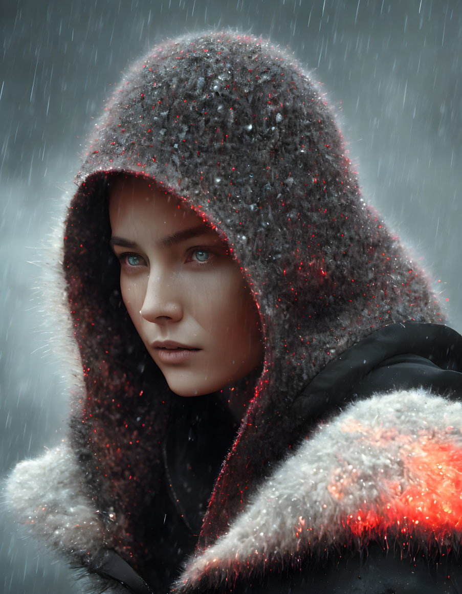 Person with intense blue eyes in hooded cloak amidst falling snowflakes.
