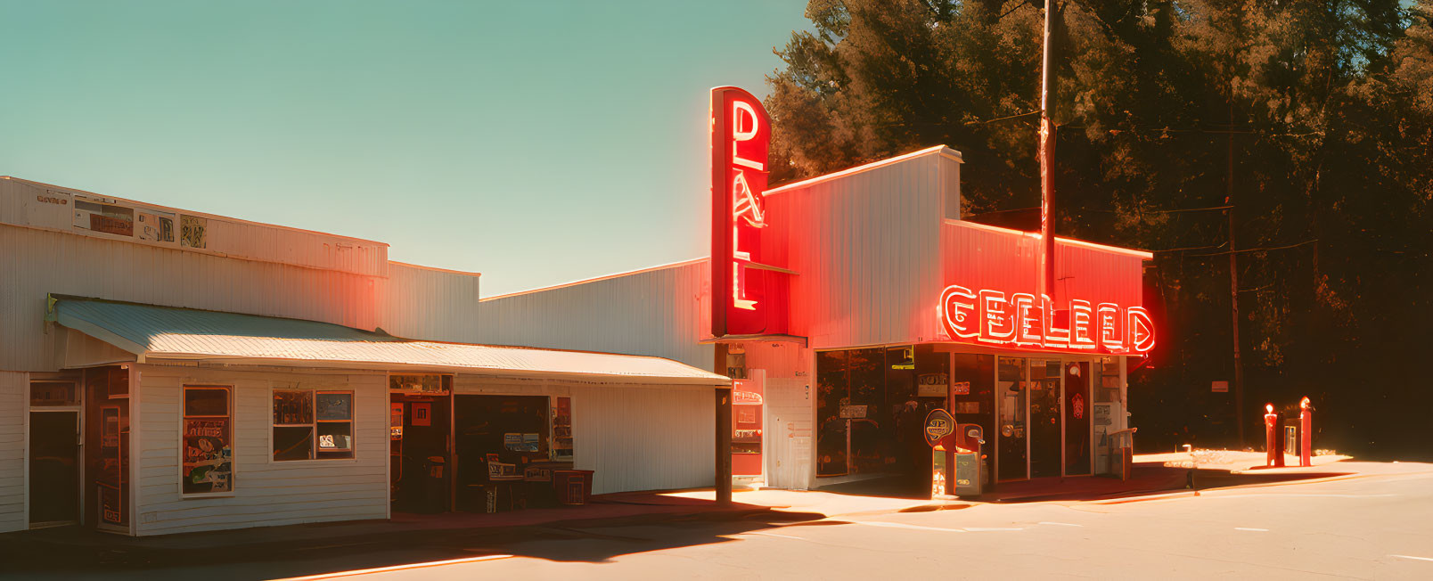 Retro gas station with red neon signs in sunny, tree-lined setting