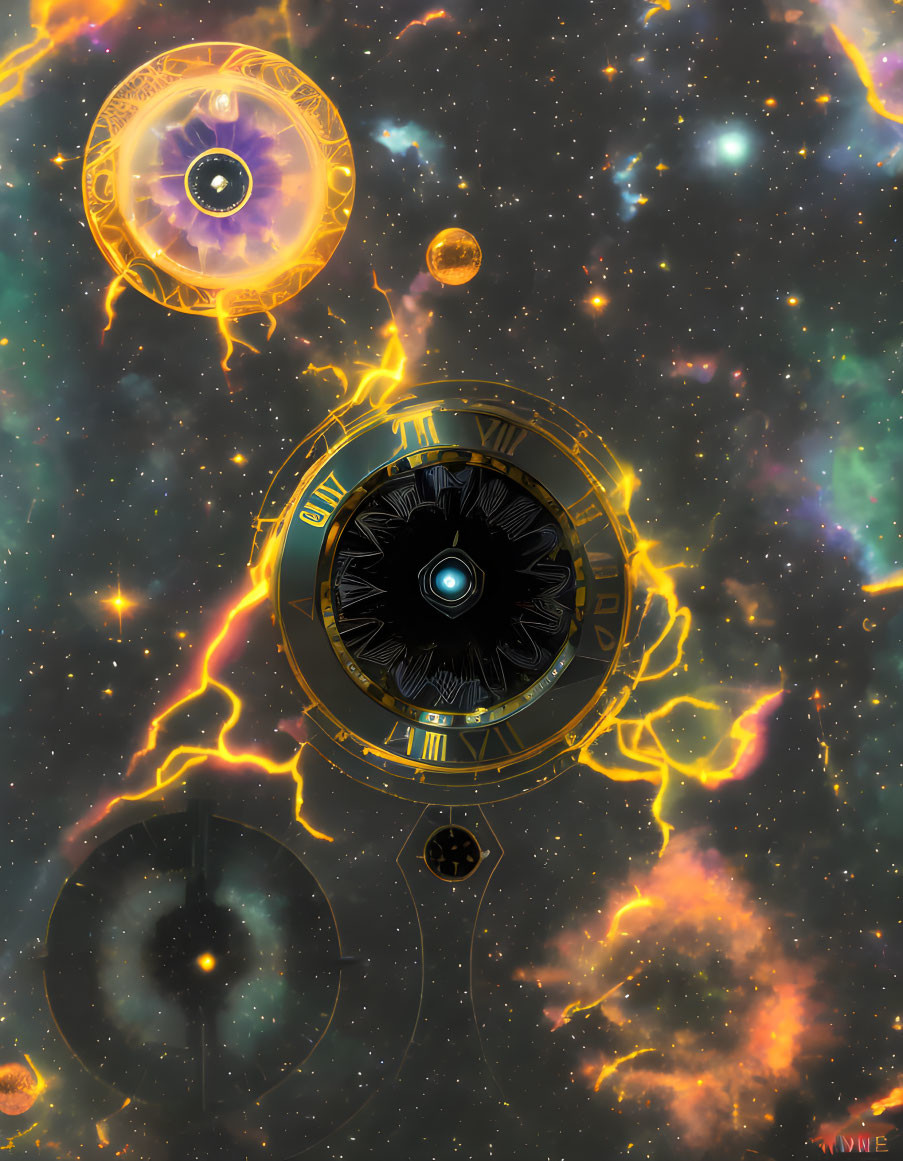 Colorful digital art: mysterious mechanical spheres in cosmic setting