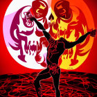 Silhouette of person with outstretched arms against fiery background with menacing faces