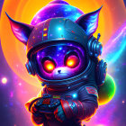 Colorful Anthropomorphic Cat in Astronaut Suit with Game Controller in Cosmic Setting