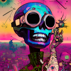 Colorful skull with wide grin and branch-like structure on neon splattered background