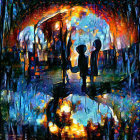 Vibrant Abstract Painting: Children Silhouettes Around Luminous Orb