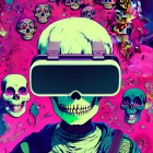 Skull-faced person in VR headset surrounded by skulls on red background