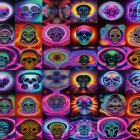 Psychedelic neon skulls with patterns on dark background