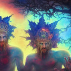 Colorful digital artwork: humanoid figures with elaborate headpieces in psychedelic setting.