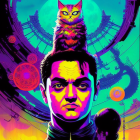 Surreal artwork of male figure with cat on head in futuristic cityscape