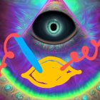 Colorful surreal illustration: lemon with wings, floating eye, neon background