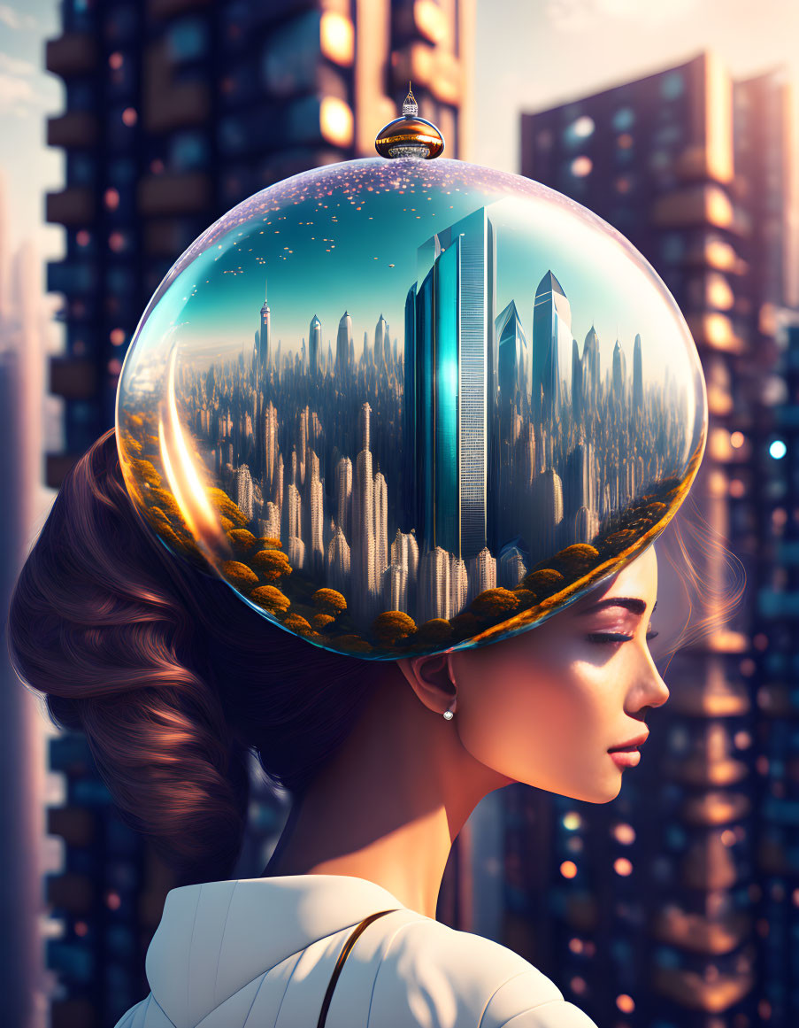 Futuristic cityscape within dome helmet against sunset skyscrapers