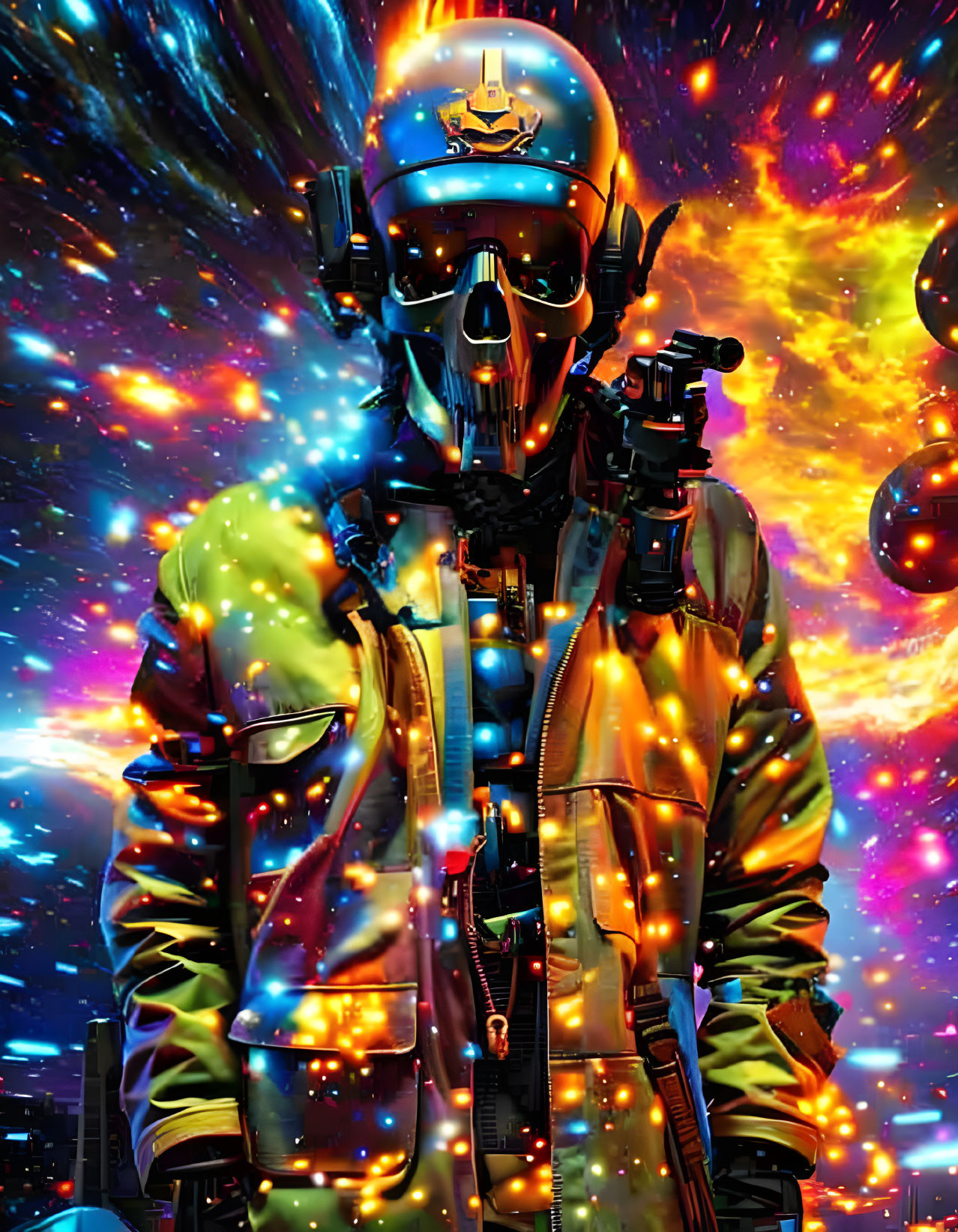 Futuristic military figure in helmet and gas mask against cosmic backdrop