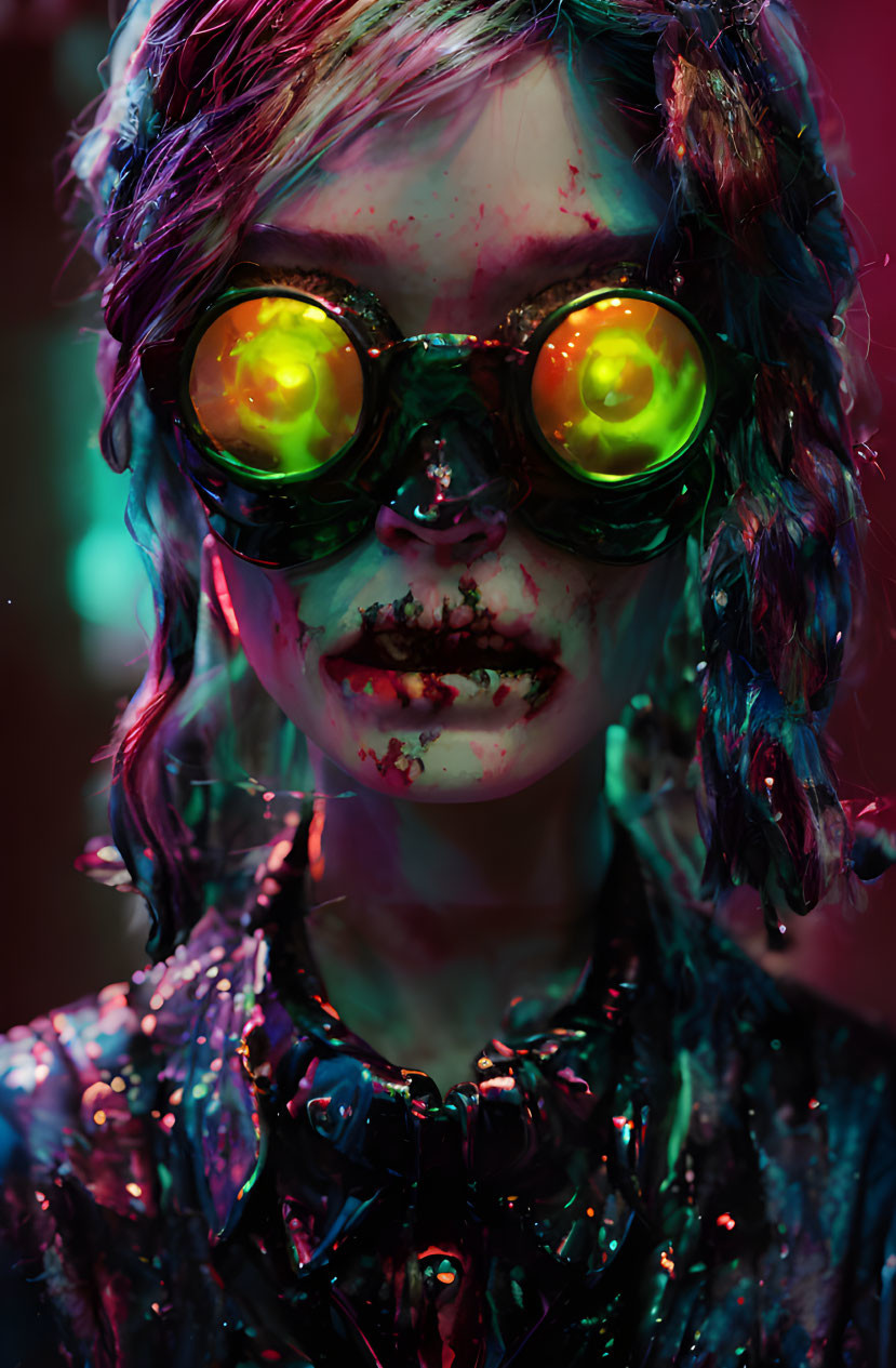 Person with glowing green goggles in neon paint under red and blue lighting