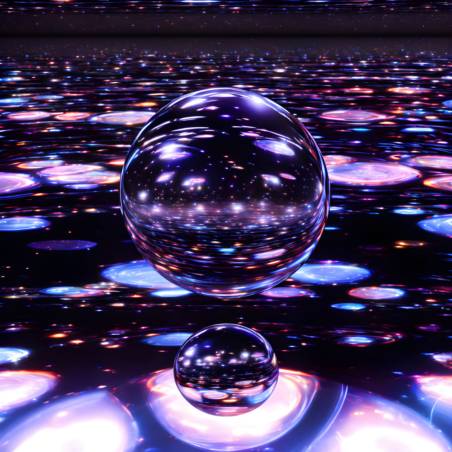 Reflective Sphere Hovering Over Multicolored Circles on Dark Background