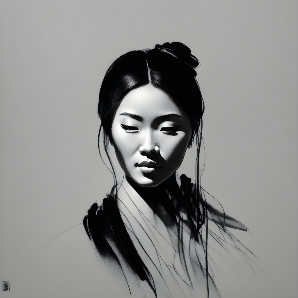 Monochromatic digital portrait of a woman with updo hairstyle