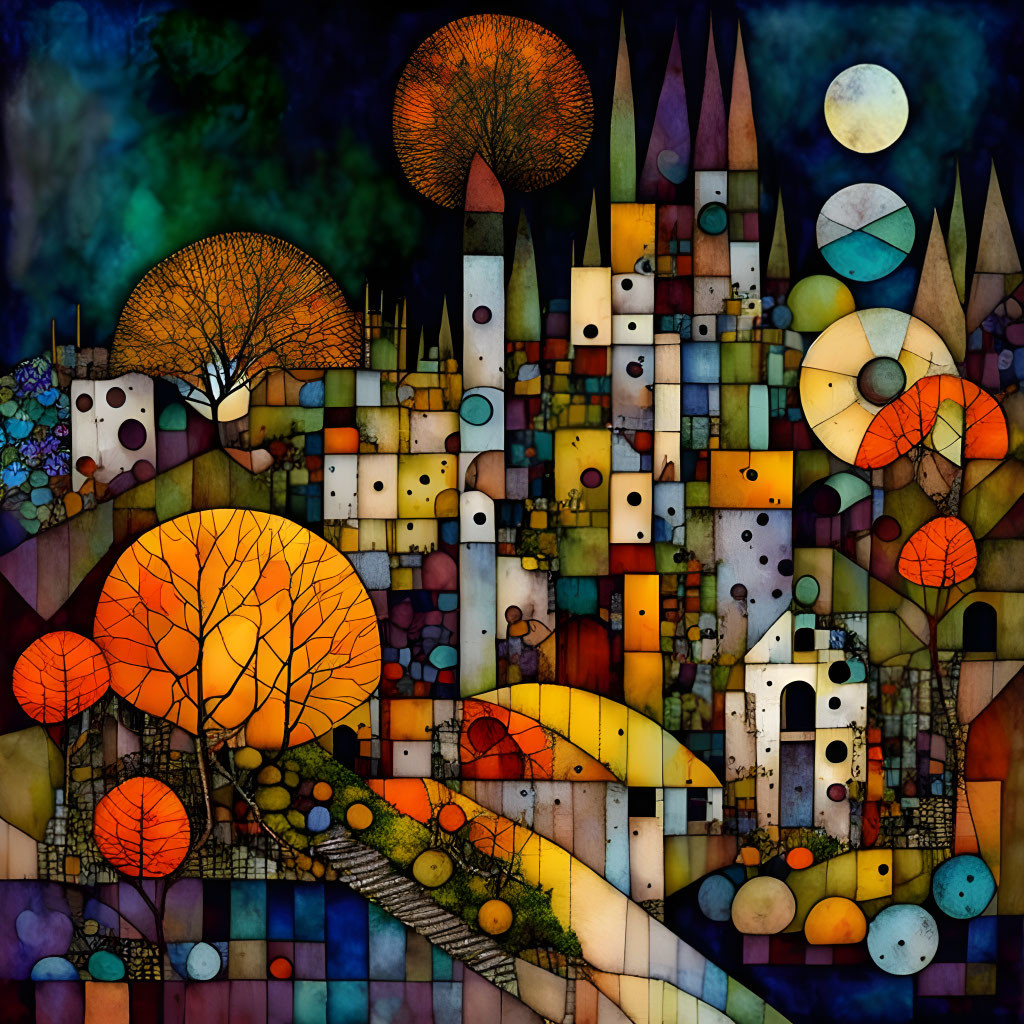 Colorful geometric shapes create abstract cityscape with trees and celestial bodies