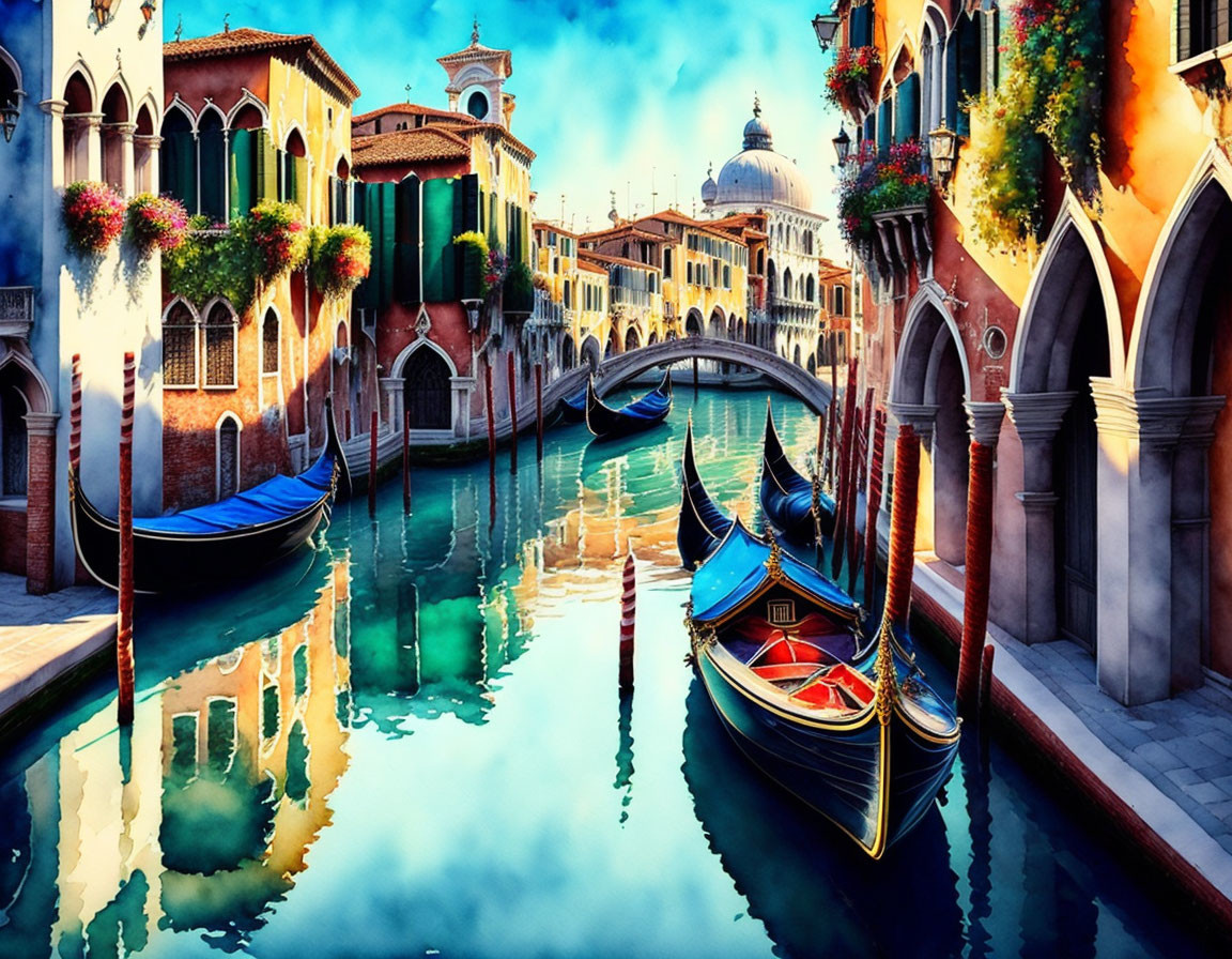 Picturesque Venetian Canal Scene with Gondolas and Hanging Gardens