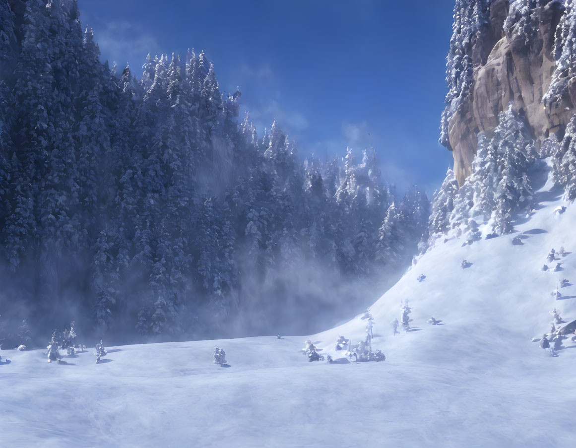 Snow-covered pine trees on serene winter landscape.