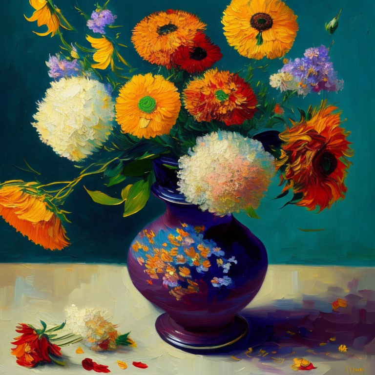 Colorful Flowers in Blue Vase Oil Painting