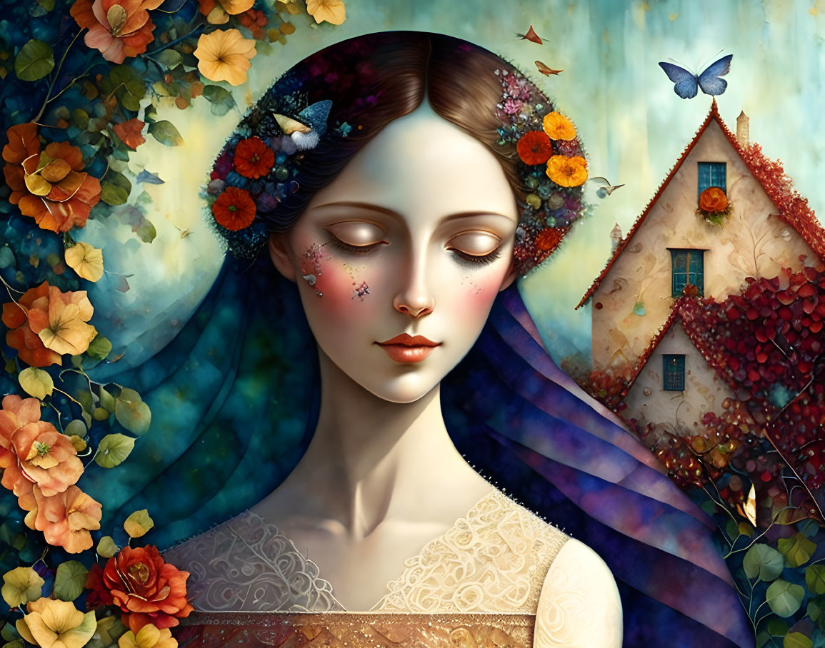 Illustrated woman with flower crown in serene pose with whimsical house and butterflies.