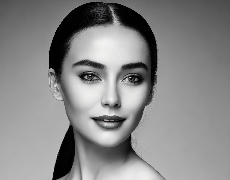 Monochrome portrait of elegant woman with sleek hair and striking features