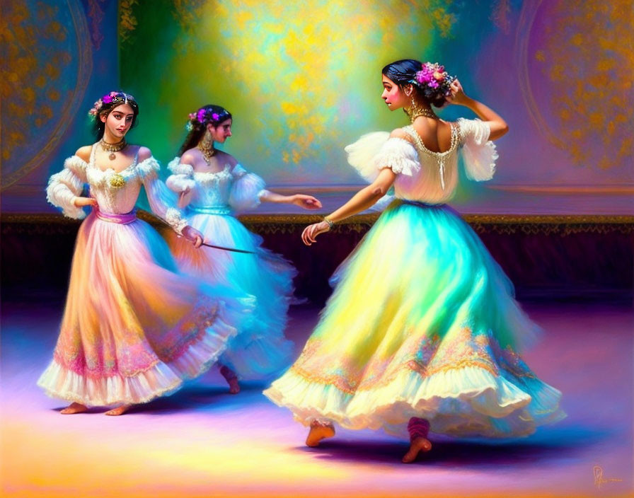 Three women in flowing pastel dresses dancing gracefully in warm, colorful lighting