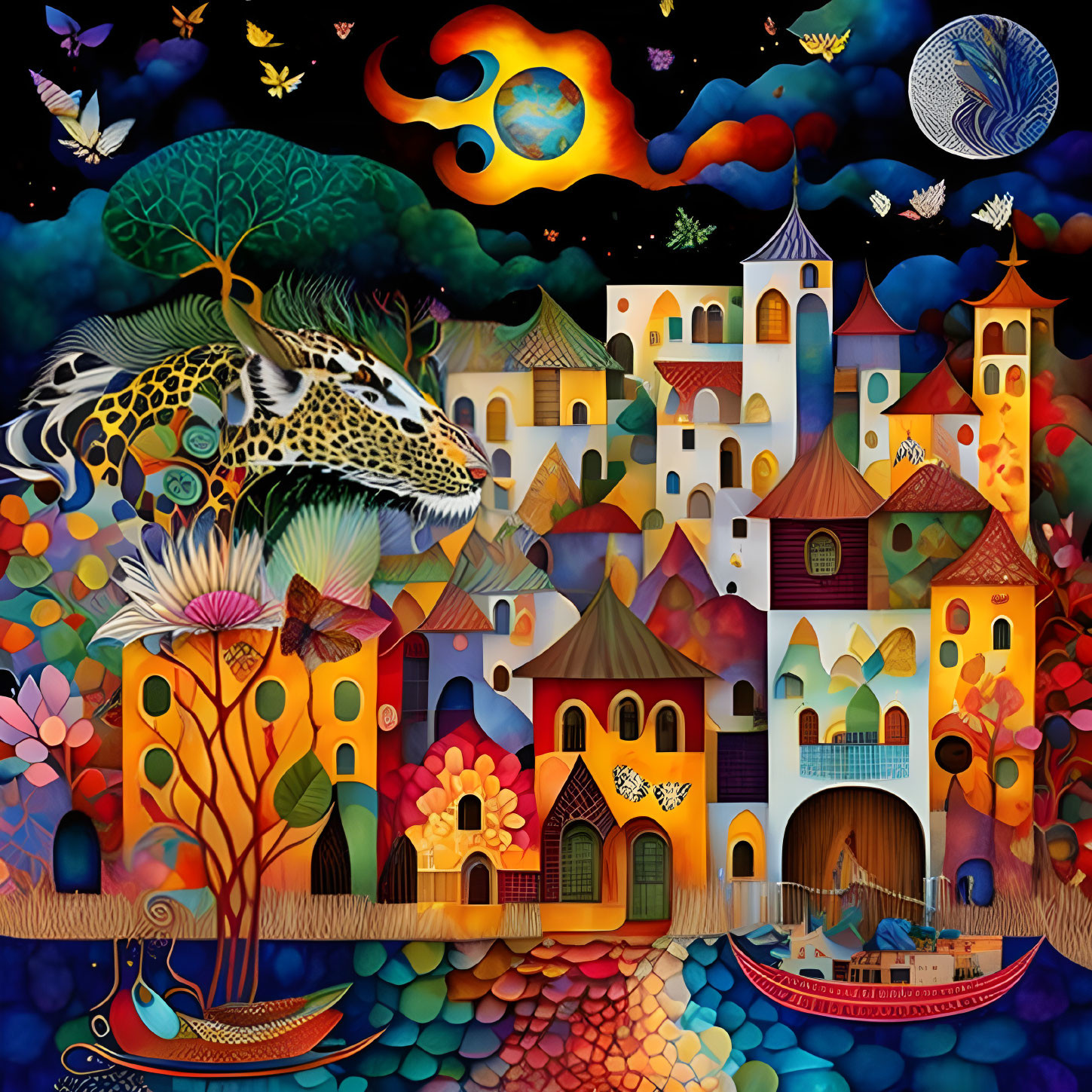 Colorful Fantasy Landscape with Whimsical Houses, Boat, Leopard, Butterflies & Celestial Bodies