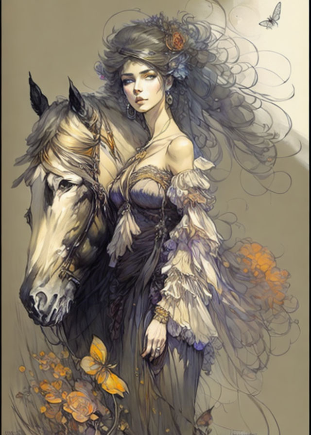 Ethereal woman with horse and butterflies in mystical setting