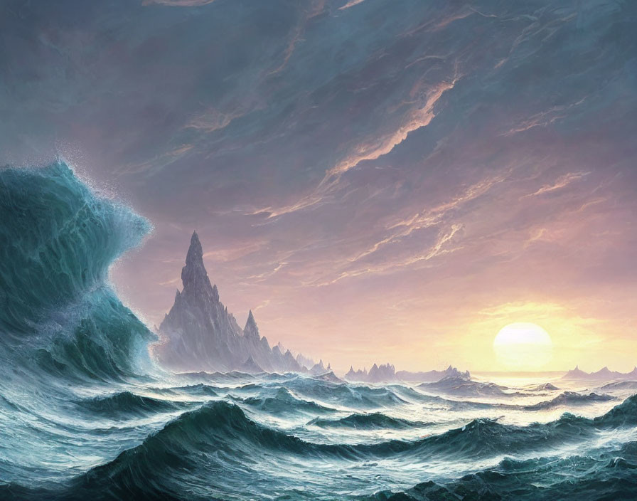 Stormy sea, towering wave, rugged mountains, dramatic sky.