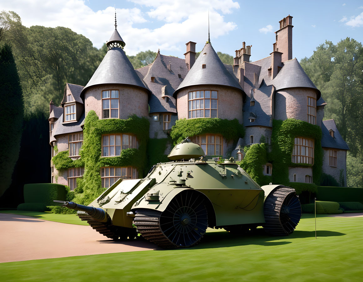 Green military tank in front of stone chateau in lush landscape