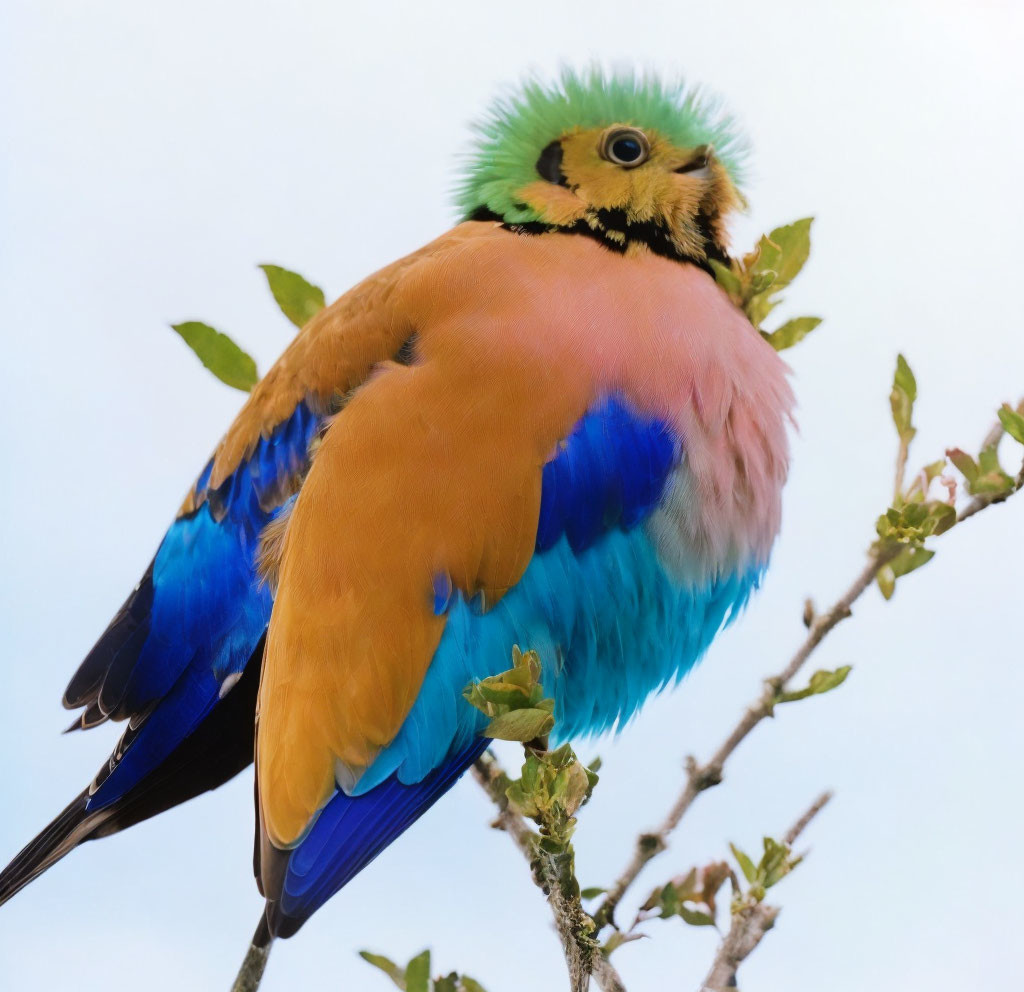 Colorful Bird with Blue, Green, and Orange Plumage on Branch against Clear Sky