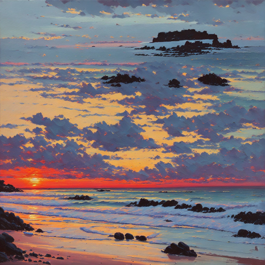 Scenic sunset painting with clouds, sea, rocks, and island