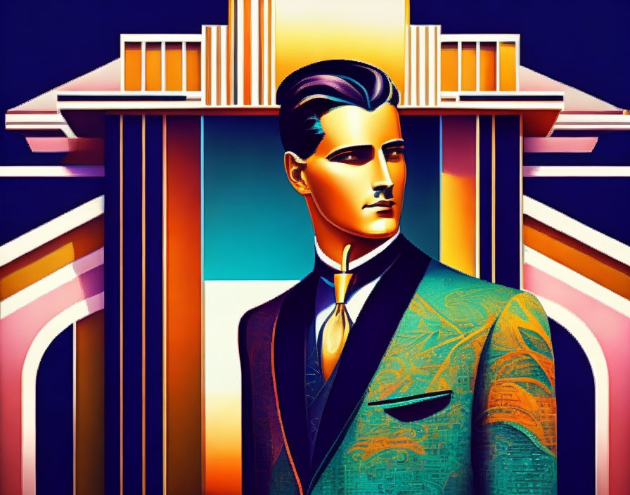 Art Deco Style Illustration of Suave Man in Patterned Suit