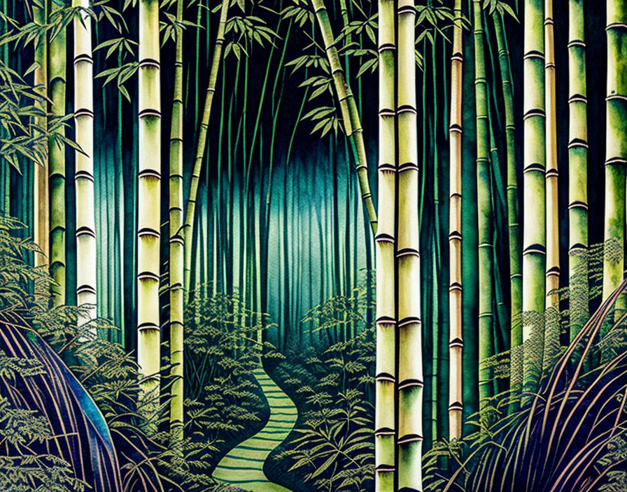 Lush Bamboo Forest with Winding Path in Varying Green and Yellow Shades