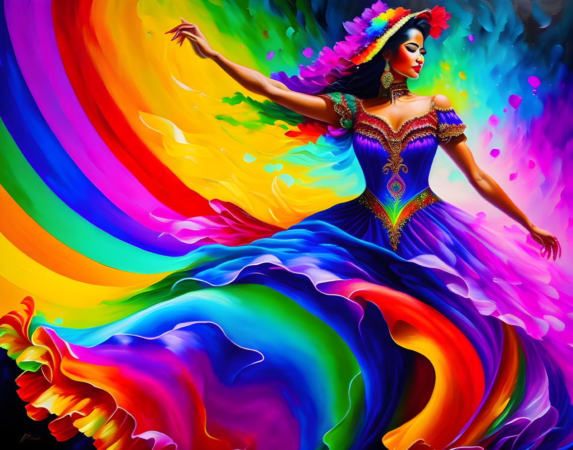 Colorful artwork of woman dancing with flowing dress and rainbow spectrum.