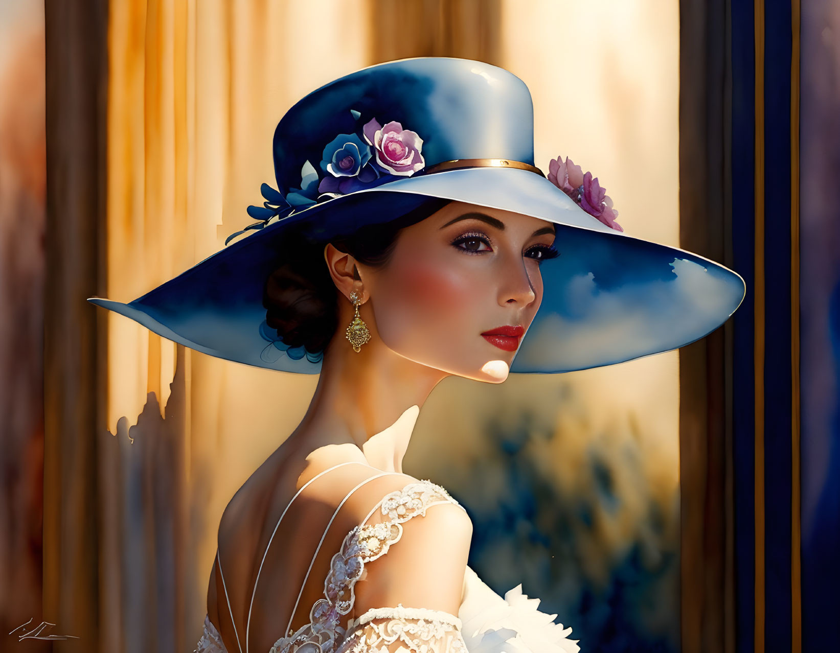 Woman in Blue Flowered Hat with Earrings in Sunlight