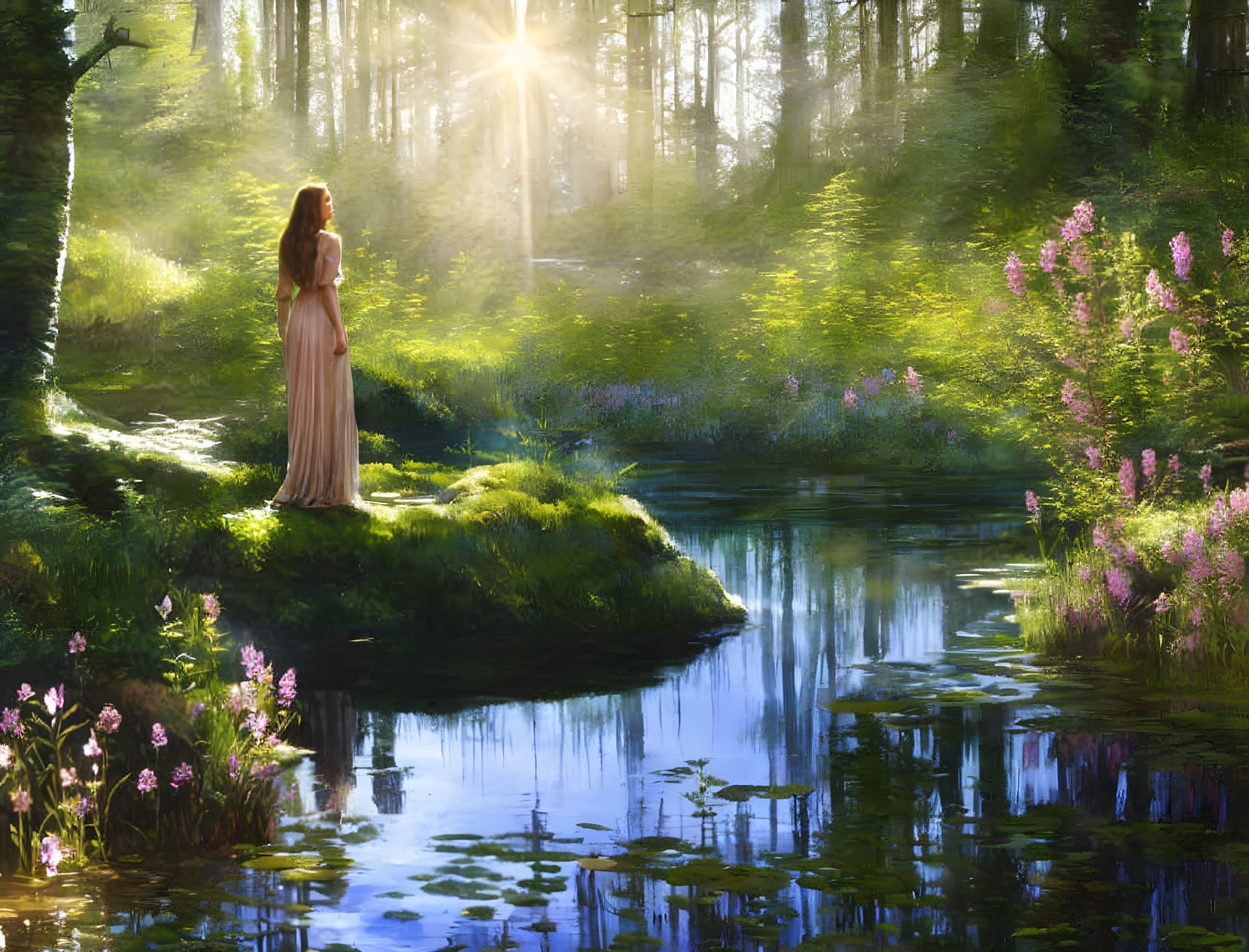 Woman in Long Dress by Forest Stream with Pink Wildflowers