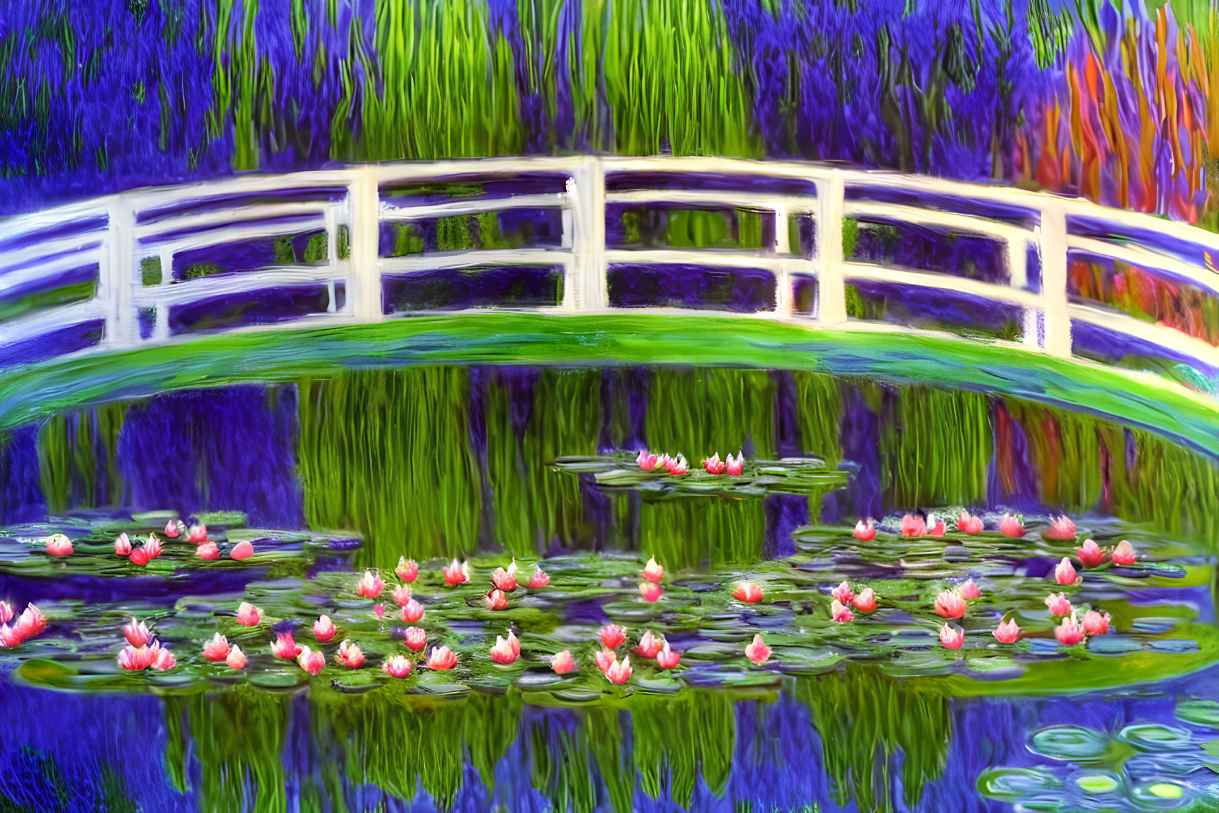 Impressionist-style image of white arched bridge over pond with pink water lilies