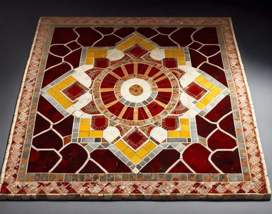 Square mosaic artwork with red, gold, and white geometric patterns on dark background