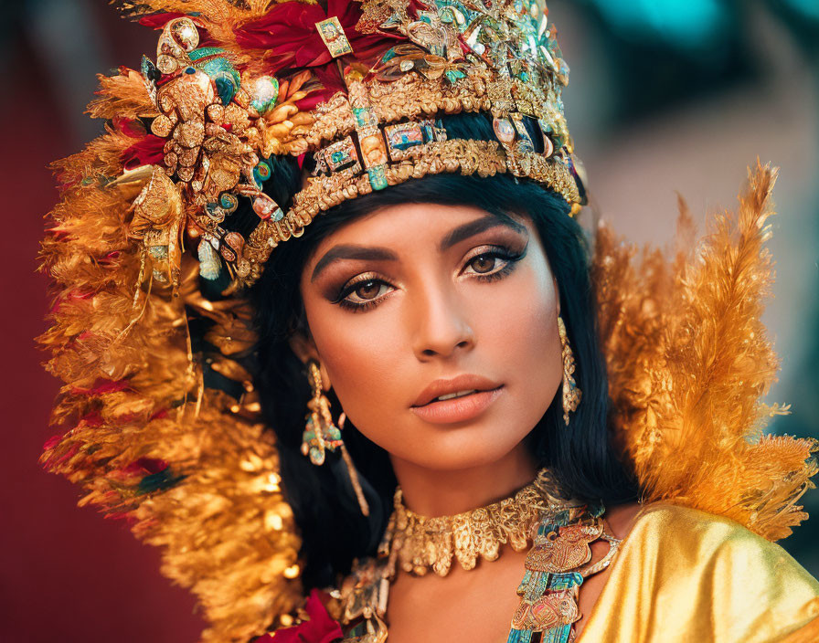 Woman in ornate golden headpiece and garments with blurred background